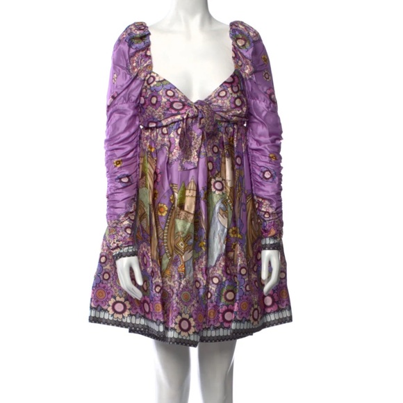 NEW Zimmerman Cosmic Twist Front purple bow ruched sleeve flare dress - Picture 4 of 16
